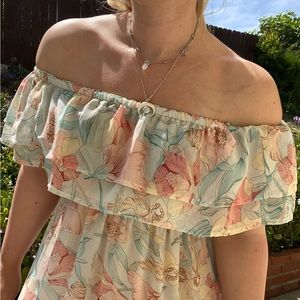 pastel/muted floral off-shoulder dress